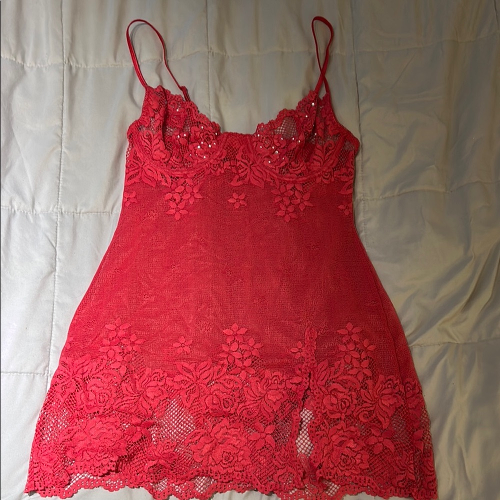 Victoria's Secret Red Lace Chemise with Floral Detailing